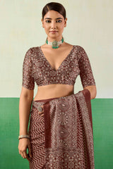 Ornate Brown Ajrakh Printed Semi Modal Silk Saree With Imaginative Blouse Piece