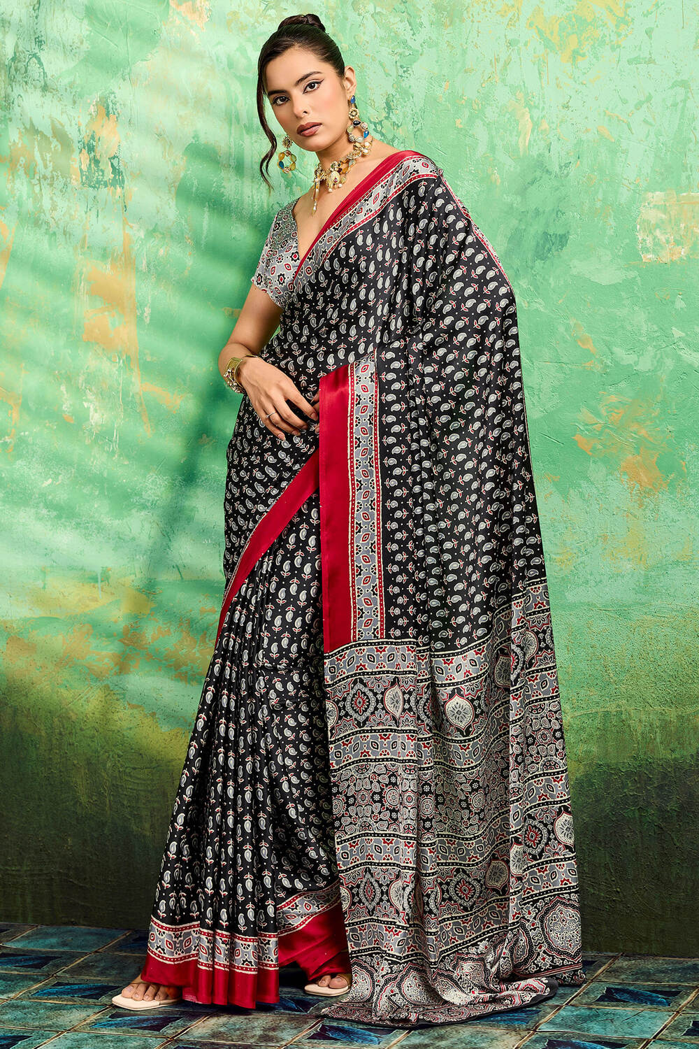 Amazing Black Ajrakh Printed Semi Modal Silk Saree With Beguiling Blouse Piece