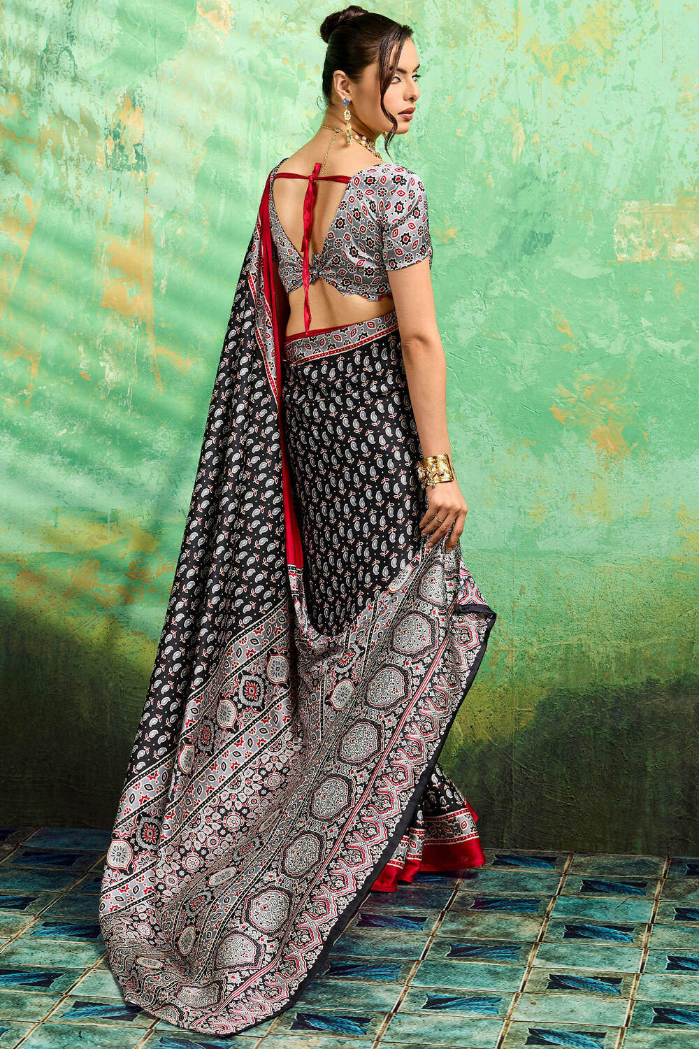 Amazing Black Ajrakh Printed Semi Modal Silk Saree With Beguiling Blouse Piece