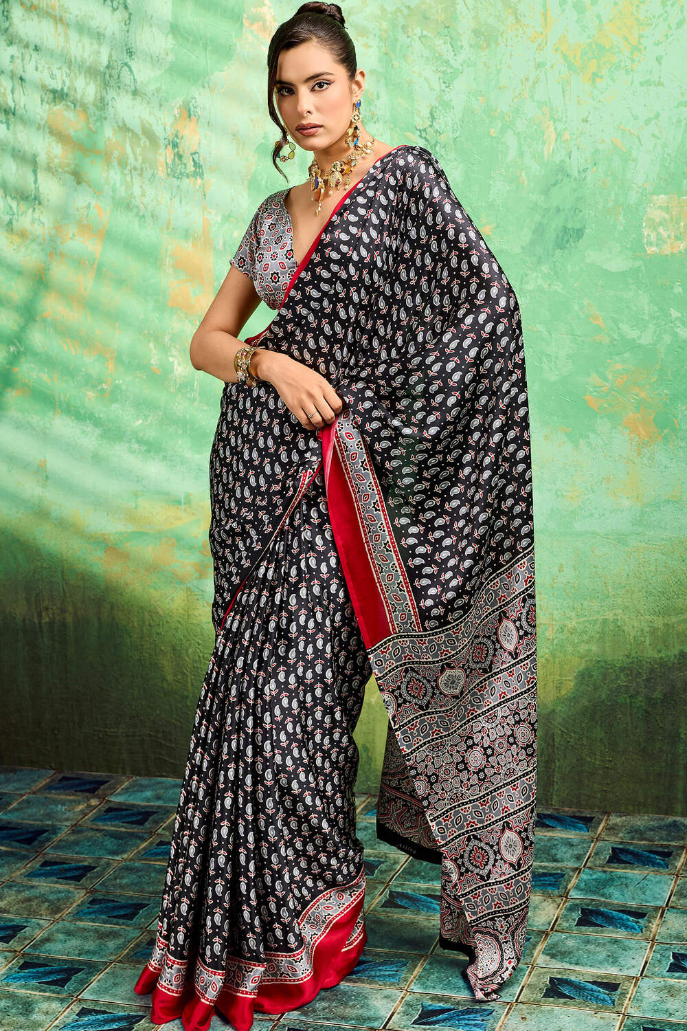 Amazing Black Ajrakh Printed Semi Modal Silk Saree With Beguiling Blouse Piece