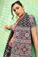 Amazing Black Ajrakh Printed Semi Modal Silk Saree With Beguiling Blouse Piece