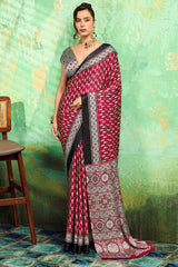 Diaphanous Maroon Ajrakh Printed Semi Modal Silk Saree With Moiety Blouse Piece