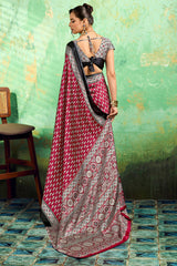 Diaphanous Maroon Ajrakh Printed Semi Modal Silk Saree With Moiety Blouse Piece