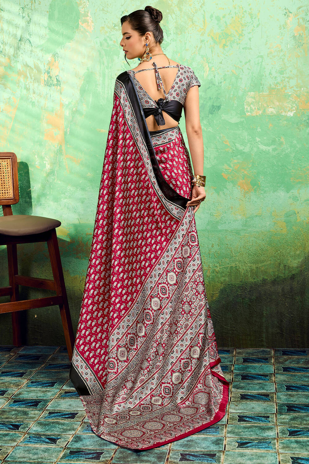Diaphanous Maroon Ajrakh Printed Semi Modal Silk Saree With Moiety Blouse Piece