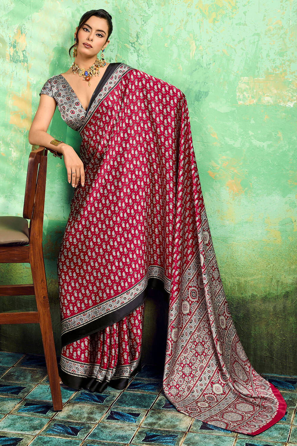 Diaphanous Maroon Ajrakh Printed Semi Modal Silk Saree With Moiety Blouse Piece
