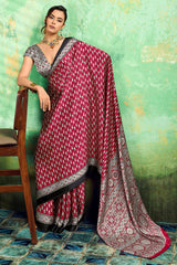 Diaphanous Maroon Ajrakh Printed Semi Modal Silk Saree With Moiety Blouse Piece
