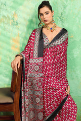 Diaphanous Maroon Ajrakh Printed Semi Modal Silk Saree With Moiety Blouse Piece