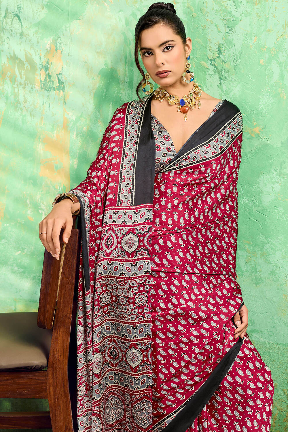 Diaphanous Maroon Ajrakh Printed Semi Modal Silk Saree With Moiety Blouse Piece