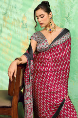 Diaphanous Maroon Ajrakh Printed Semi Modal Silk Saree With Moiety Blouse Piece