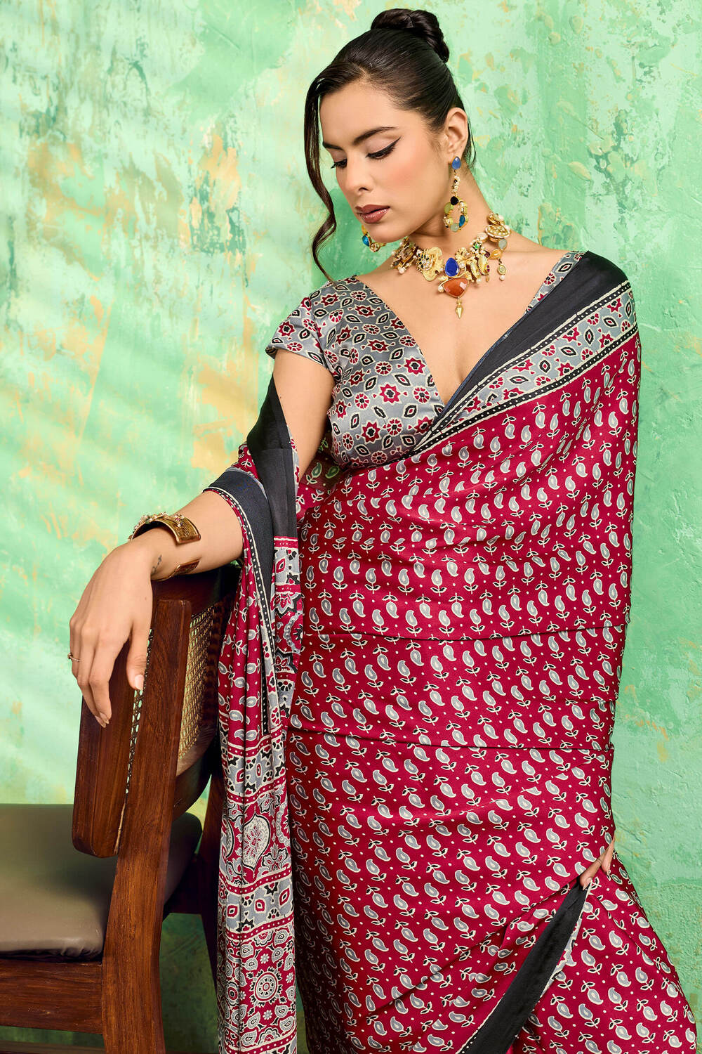 Diaphanous Maroon Ajrakh Printed Semi Modal Silk Saree With Moiety Blouse Piece