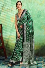 Wonderful Dark Green Ajrakh Printed Semi Modal Silk Saree With Quintessential Blouse Piece
