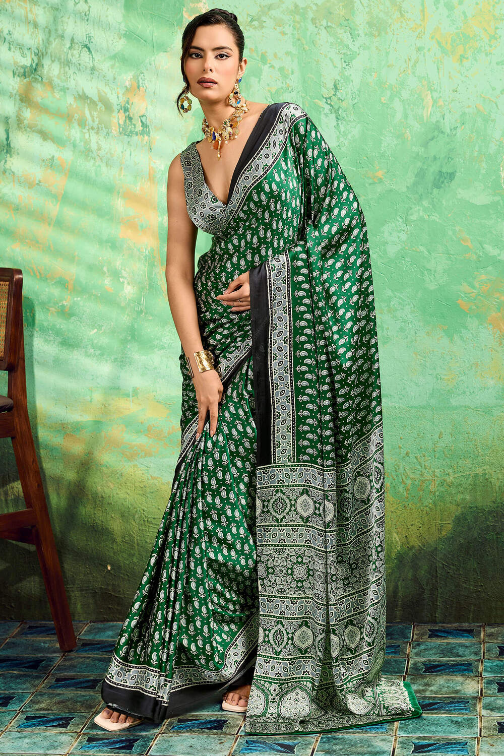 Wonderful Dark Green Ajrakh Printed Semi Modal Silk Saree With Quintessential Blouse Piece