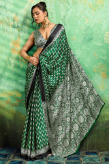 Wonderful Dark Green Ajrakh Printed Semi Modal Silk Saree With Quintessential Blouse Piece