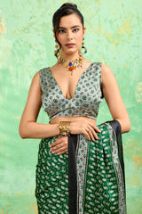 Wonderful Dark Green Ajrakh Printed Semi Modal Silk Saree With Quintessential Blouse Piece