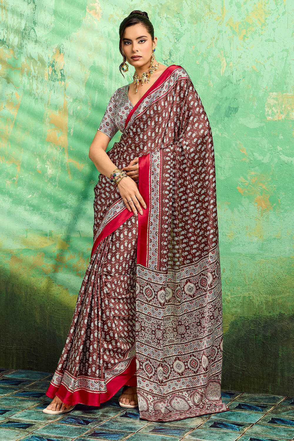 Evanescent Brown Ajrakh Printed Semi Modal Silk Saree With Proficient Blouse Piece