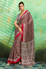 Evanescent Brown Ajrakh Printed Semi Modal Silk Saree With Proficient Blouse Piece