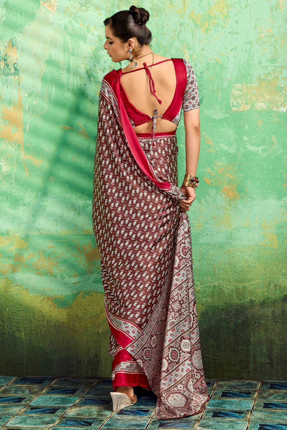 Evanescent Brown Ajrakh Printed Semi Modal Silk Saree With Proficient Blouse Piece