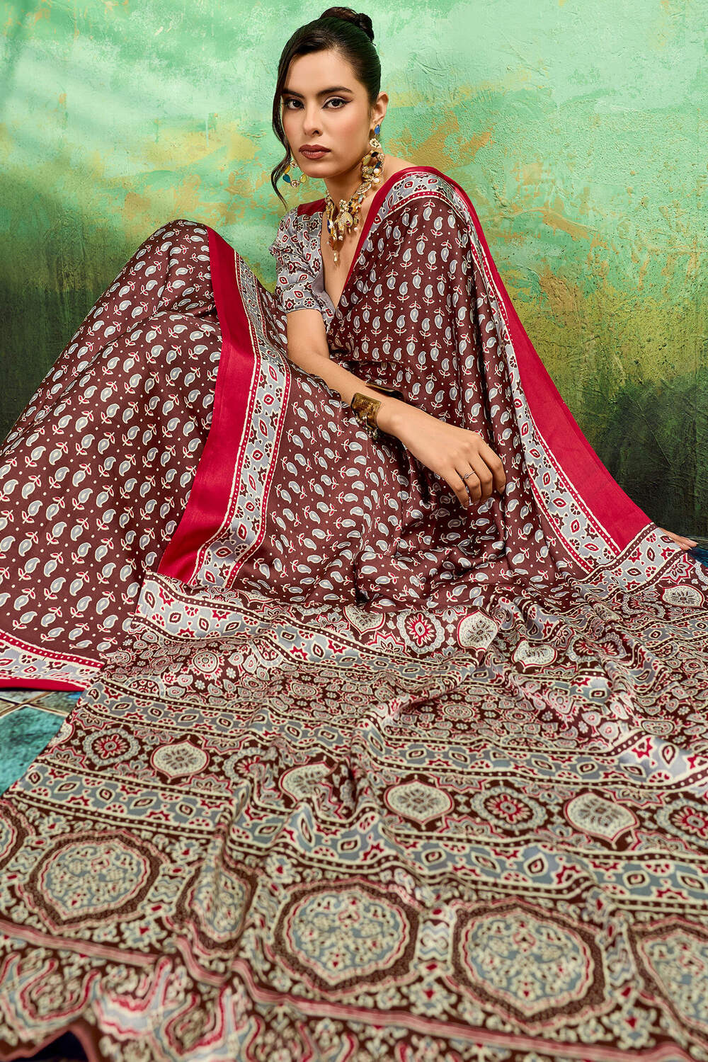 Evanescent Brown Ajrakh Printed Semi Modal Silk Saree With Proficient Blouse Piece