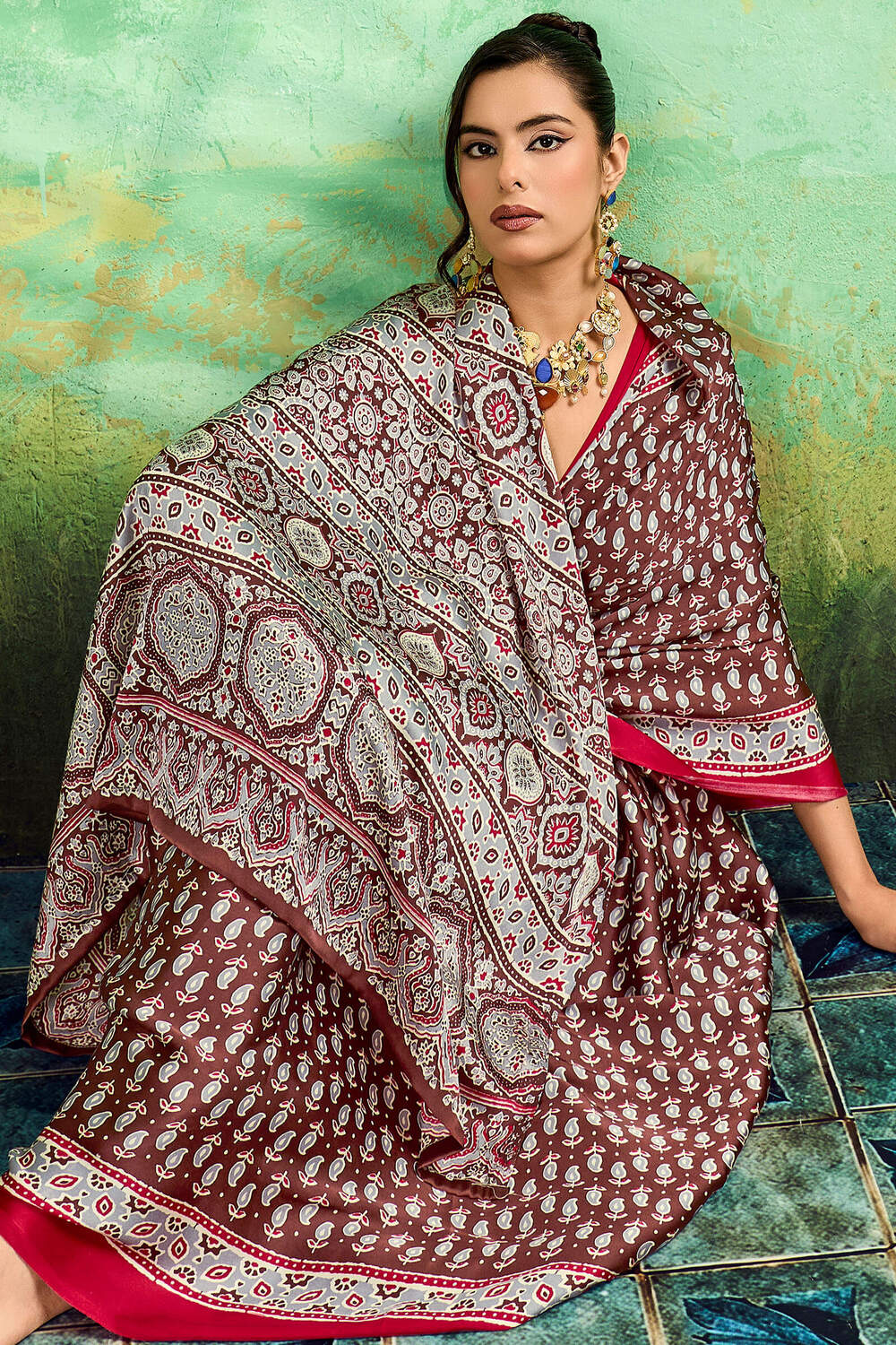 Evanescent Brown Ajrakh Printed Semi Modal Silk Saree With Proficient Blouse Piece