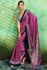 Artistic Purple Ajrakh Printed Semi Modal Silk Saree With Outstanding Blouse Piece