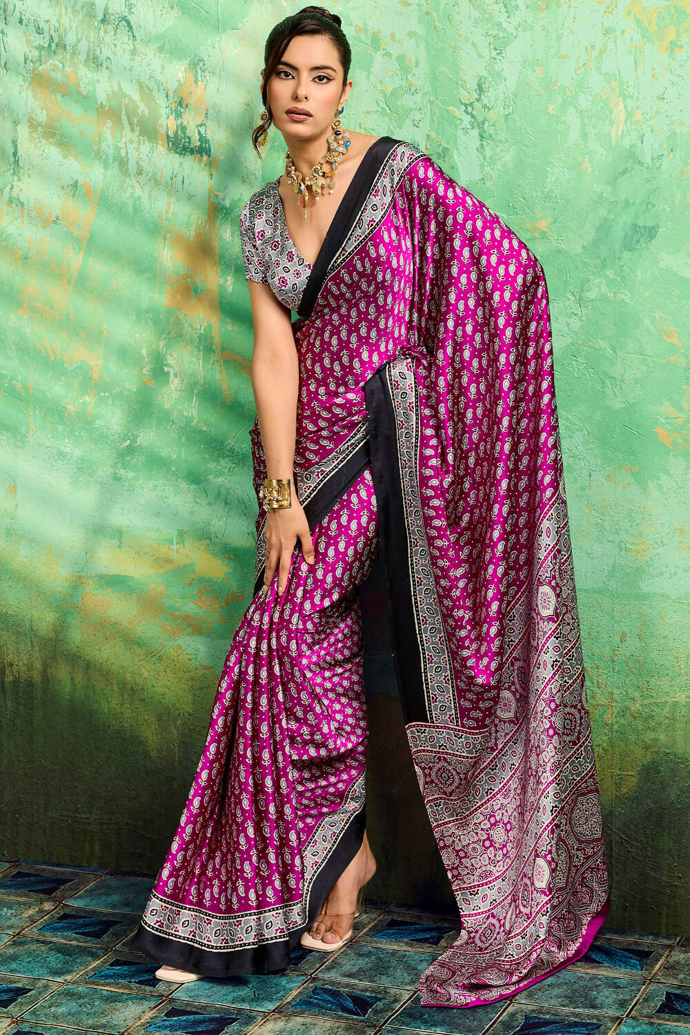 Artistic Purple Ajrakh Printed Semi Modal Silk Saree With Outstanding Blouse Piece