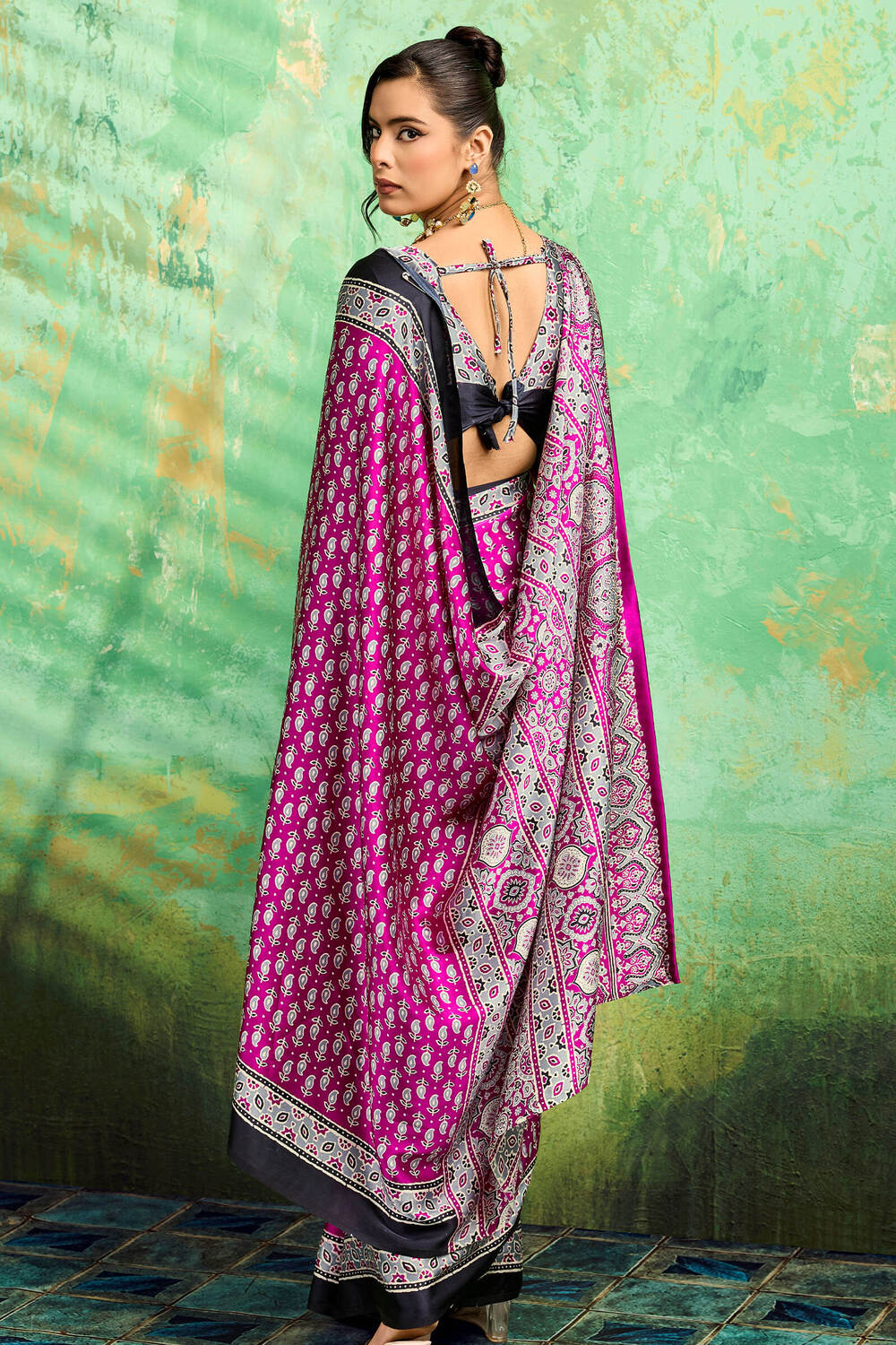 Artistic Purple Ajrakh Printed Semi Modal Silk Saree With Outstanding Blouse Piece