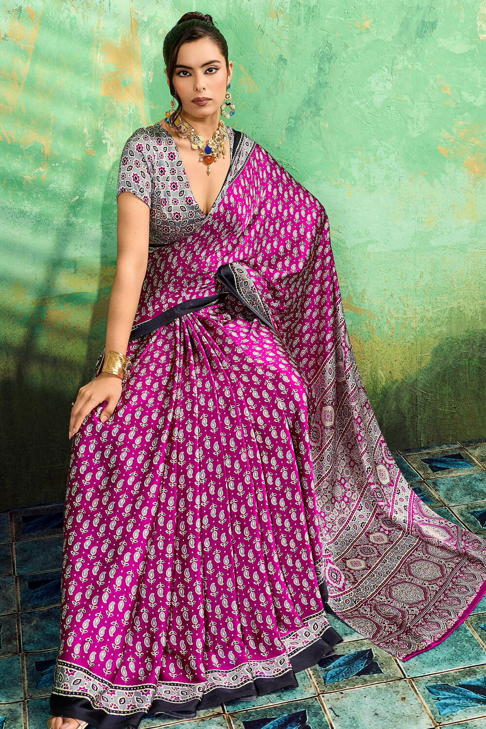 Artistic Purple Ajrakh Printed Semi Modal Silk Saree With Outstanding Blouse Piece