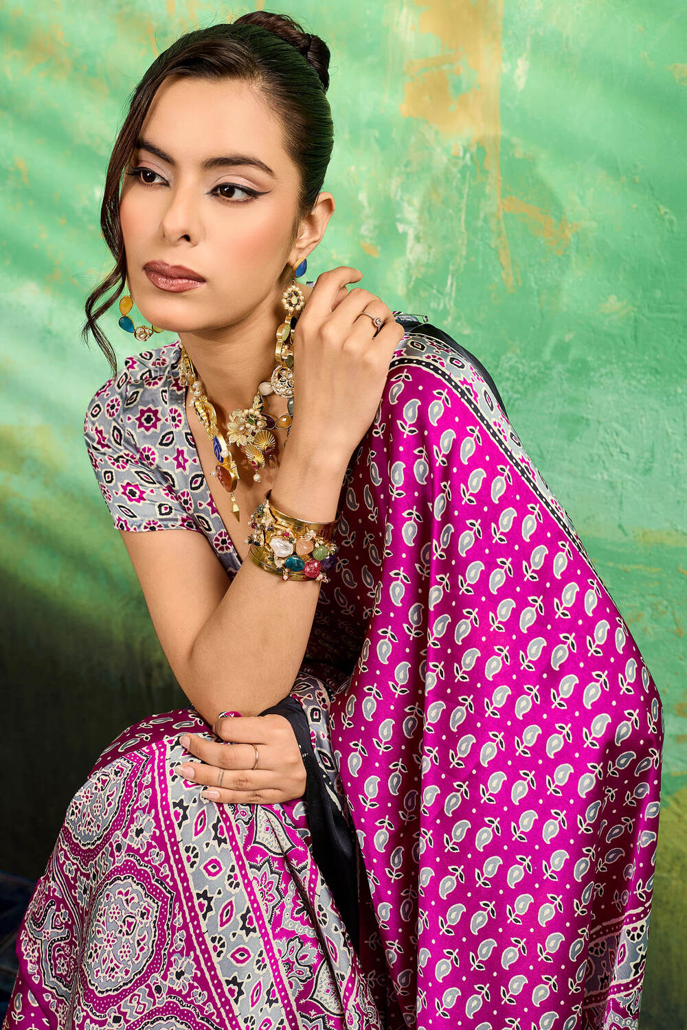 Artistic Purple Ajrakh Printed Semi Modal Silk Saree With Outstanding Blouse Piece