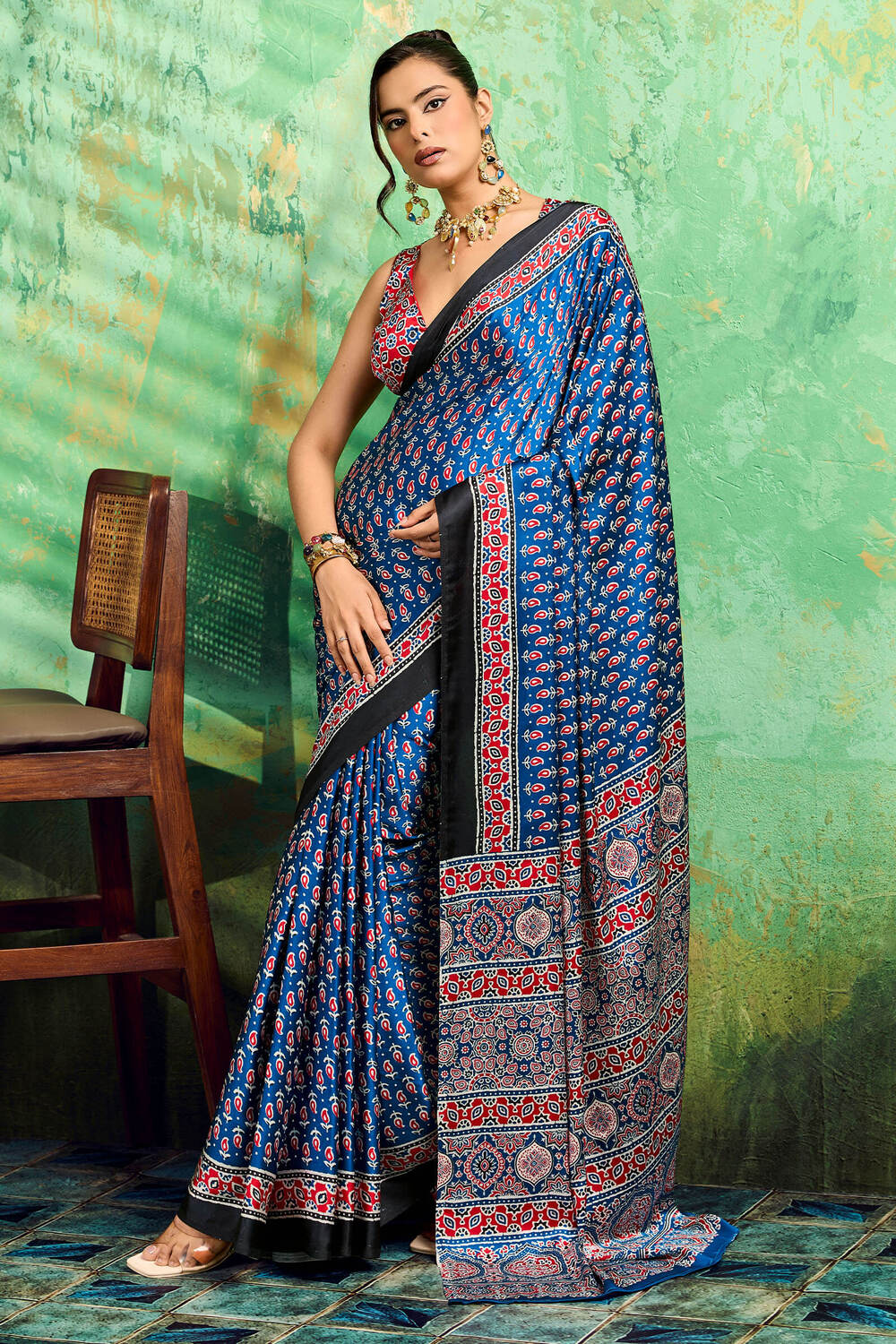 Excellent Blue Ajrakh Printed Semi Modal Silk Saree With Supernal Blouse Piece