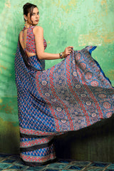 Excellent Blue Ajrakh Printed Semi Modal Silk Saree With Supernal Blouse Piece