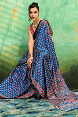 Excellent Blue Ajrakh Printed Semi Modal Silk Saree With Supernal Blouse Piece
