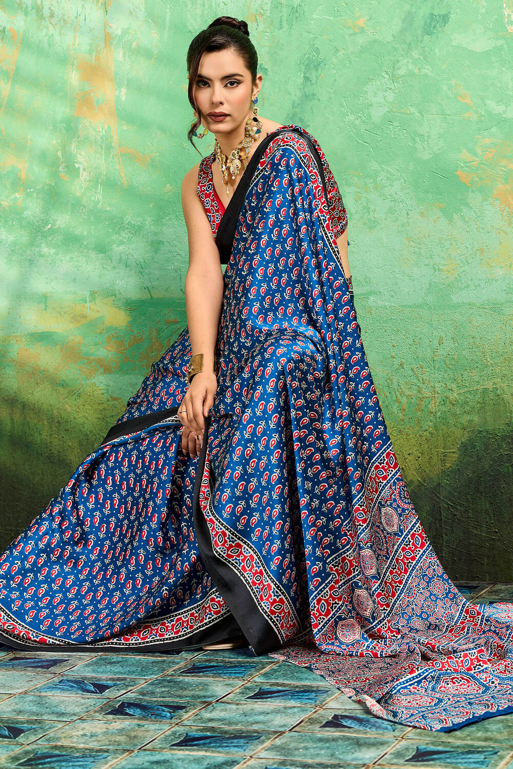 Excellent Blue Ajrakh Printed Semi Modal Silk Saree With Supernal Blouse Piece