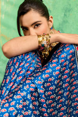 Excellent Blue Ajrakh Printed Semi Modal Silk Saree With Supernal Blouse Piece