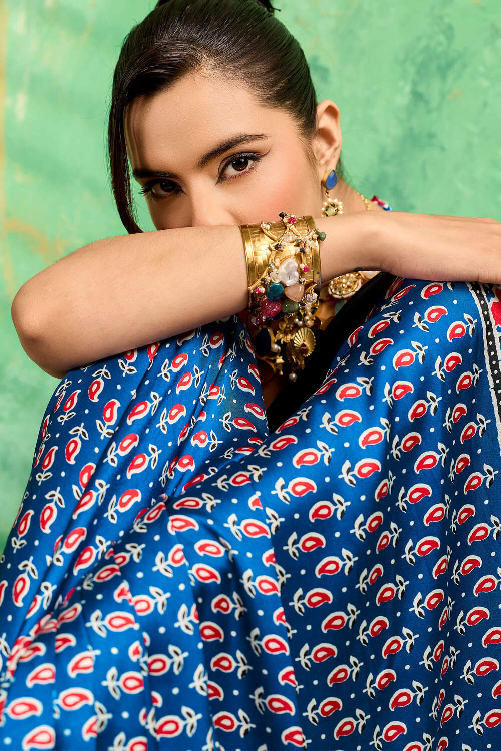 Excellent Blue Ajrakh Printed Semi Modal Silk Saree With Supernal Blouse Piece
