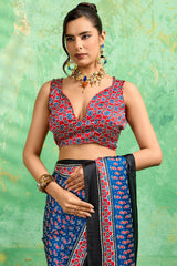 Excellent Blue Ajrakh Printed Semi Modal Silk Saree With Supernal Blouse Piece