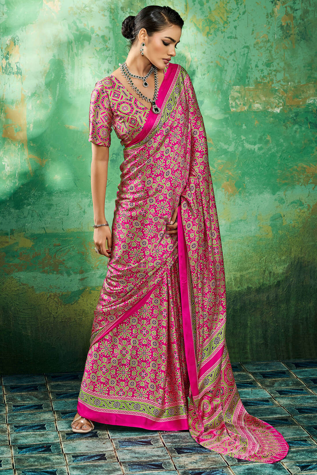 Whimsical Dark Pink Ajrakh Printed Semi Modal Silk Saree With Vibrant Blouse Piece
