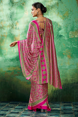 Whimsical Dark Pink Ajrakh Printed Semi Modal Silk Saree With Vibrant Blouse Piece