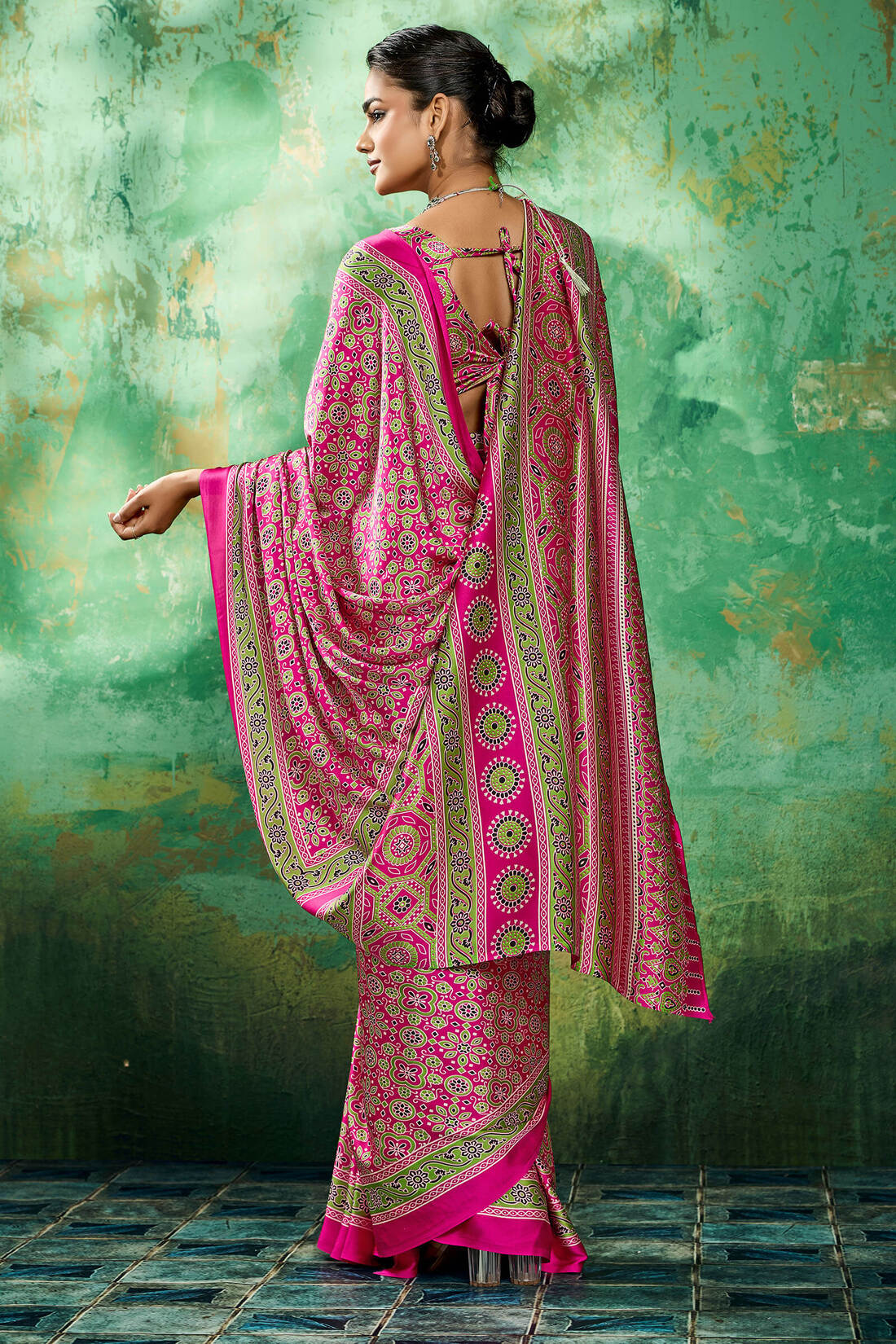Whimsical Dark Pink Ajrakh Printed Semi Modal Silk Saree With Vibrant Blouse Piece