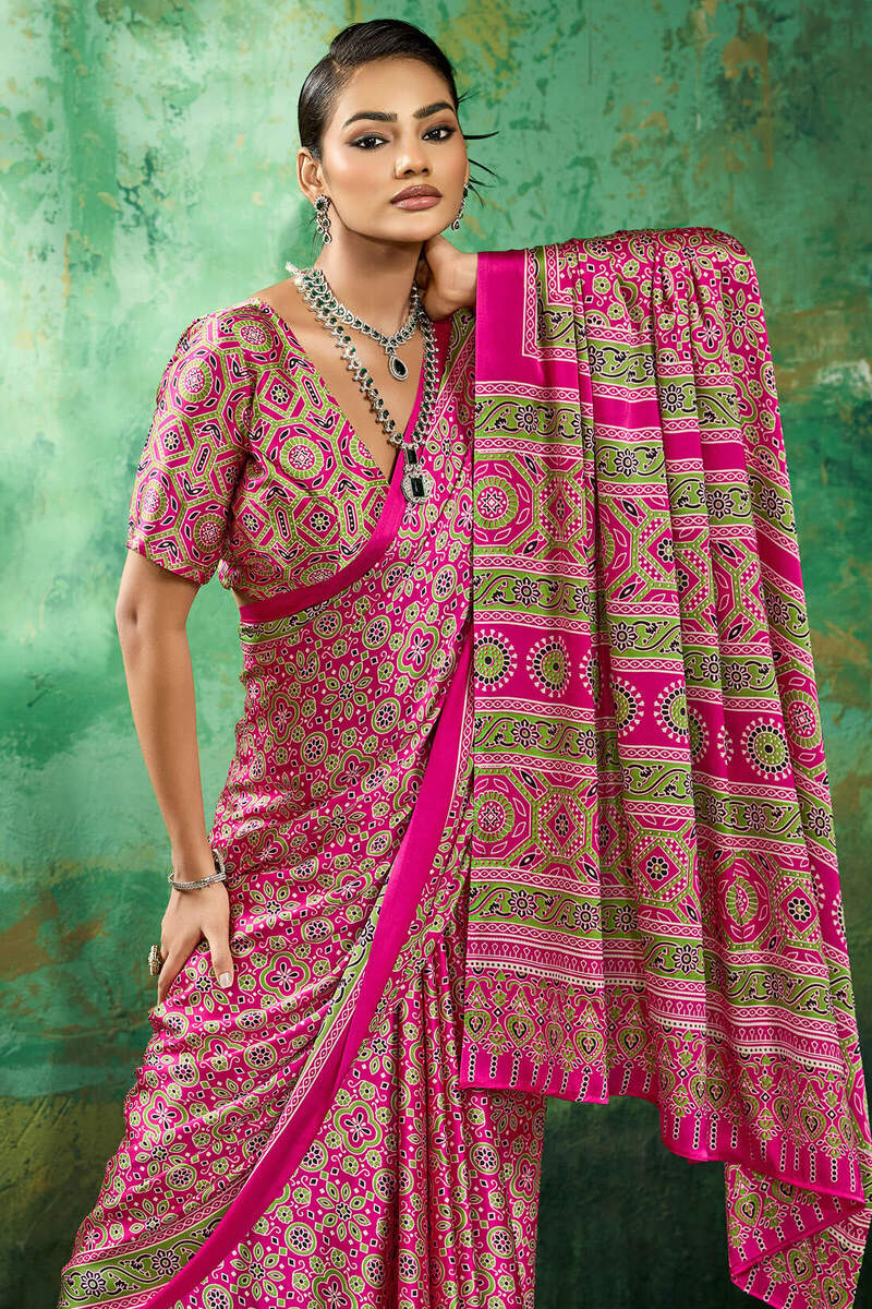 Whimsical Dark Pink Ajrakh Printed Semi Modal Silk Saree With Vibrant Blouse Piece