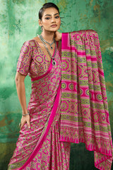 Whimsical Dark Pink Ajrakh Printed Semi Modal Silk Saree With Vibrant Blouse Piece