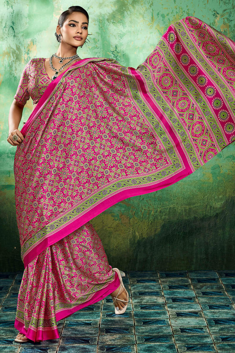 Whimsical Dark Pink Ajrakh Printed Semi Modal Silk Saree With Vibrant Blouse Piece