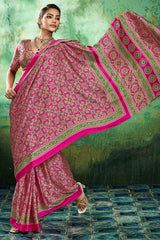 Whimsical Dark Pink Ajrakh Printed Semi Modal Silk Saree With Vibrant Blouse Piece