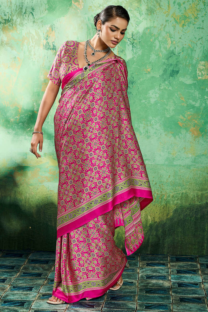 Whimsical Dark Pink Ajrakh Printed Semi Modal Silk Saree With Vibrant Blouse Piece