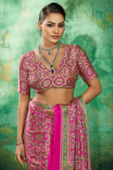 Whimsical Dark Pink Ajrakh Printed Semi Modal Silk Saree With Vibrant Blouse Piece