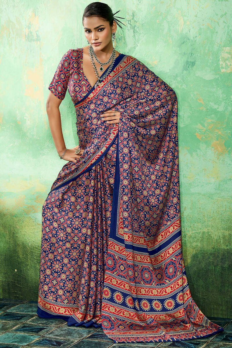 Lassitude Navy Blue Ajrakh Printed Semi Modal Silk Saree With Improbable Blouse Piece