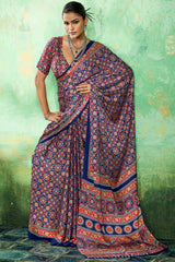Lassitude Navy Blue Ajrakh Printed Semi Modal Silk Saree With Improbable Blouse Piece