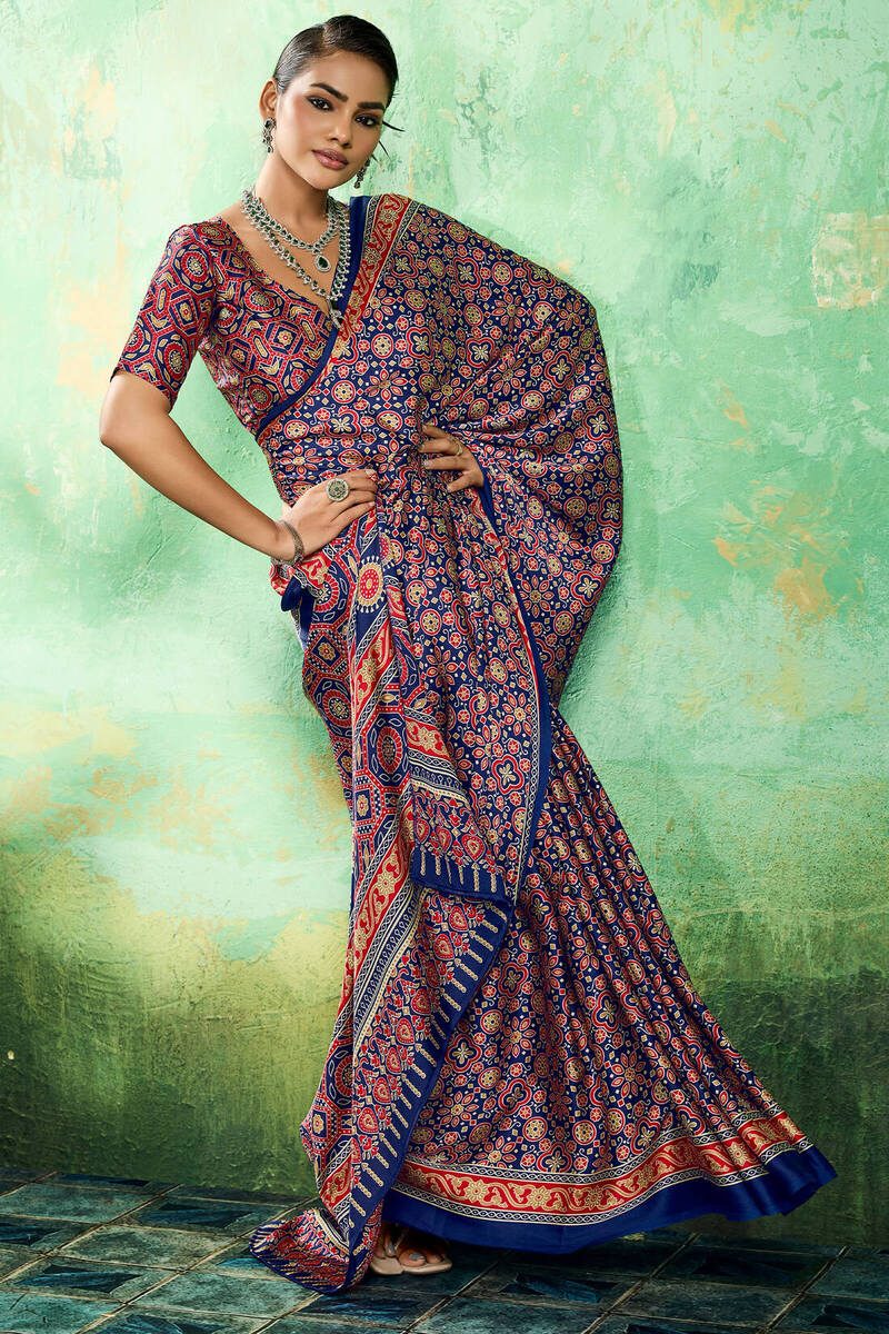 Lassitude Navy Blue Ajrakh Printed Semi Modal Silk Saree With Improbable Blouse Piece