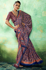 Lassitude Navy Blue Ajrakh Printed Semi Modal Silk Saree With Improbable Blouse Piece