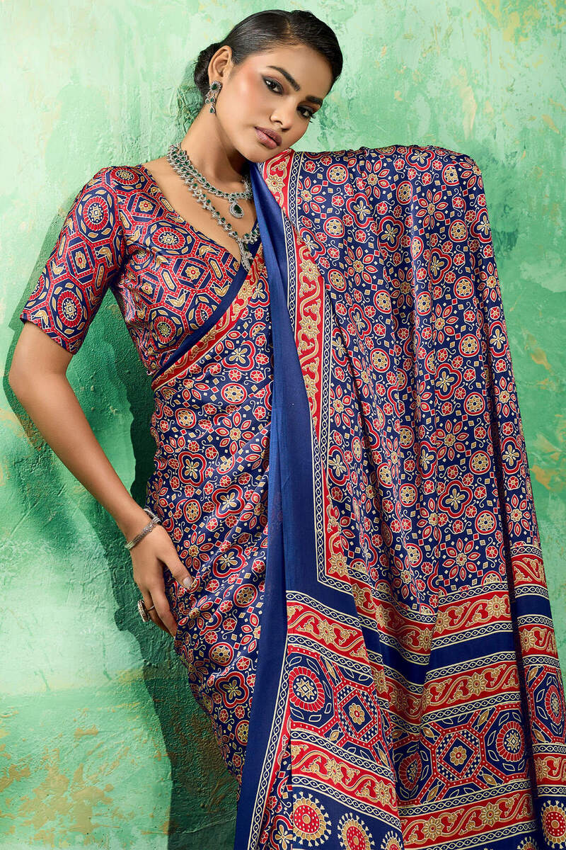 Lassitude Navy Blue Ajrakh Printed Semi Modal Silk Saree With Improbable Blouse Piece