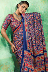 Lassitude Navy Blue Ajrakh Printed Semi Modal Silk Saree With Improbable Blouse Piece